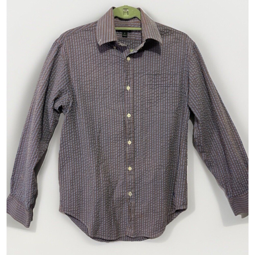 J. Peterman Mens Small Striped Button Down Shirt Blue Brown Seersucker Preppy